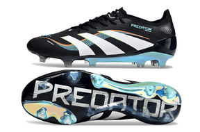Chuteira Adidas Predator Elite FG - Preta e Azul com design moderno e tecnologias avançadas para controle no campo.