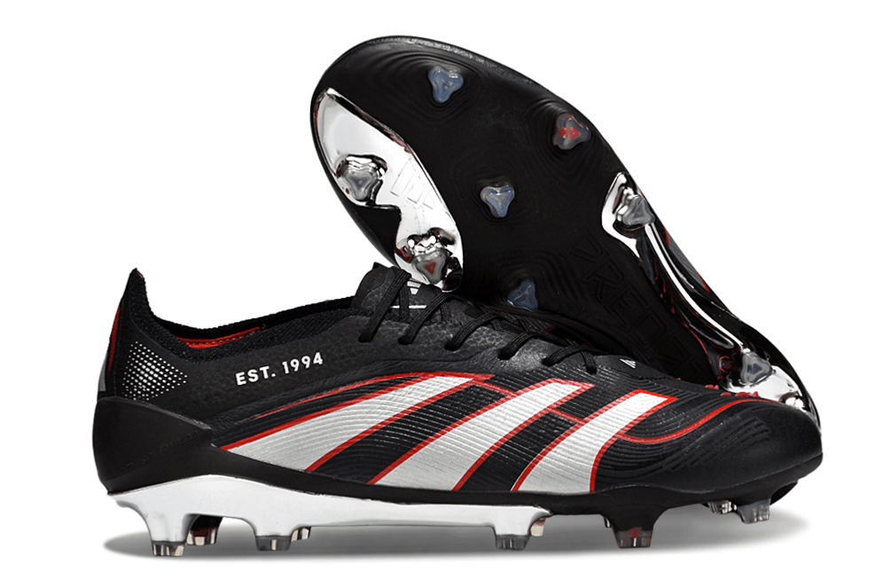 Chuteira Adidas Predator Elite FG - Preta, estilo moderno com detalhes em vermelho e design aerodinâmico para desempenho em campo.