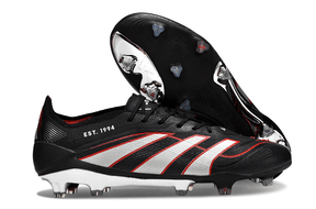 Chuteira Adidas Predator Elite FG - Preta, estilo moderno com detalhes em vermelho e design aerodinâmico para desempenho em campo.