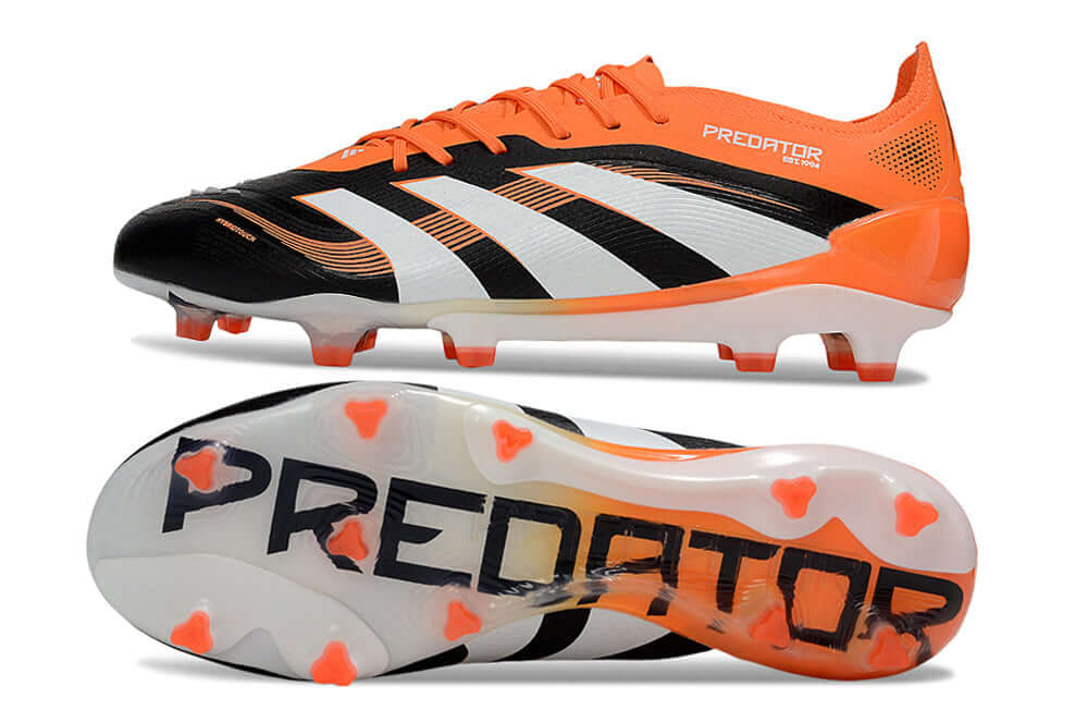 Chuteira Adidas Predator Elite FG - Preta e Laranja vista lateral e inferior destacando design e tecnologia