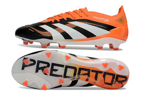 Chuteira Adidas Predator Elite FG - Preta e Laranja vista lateral e inferior destacando design e tecnologia