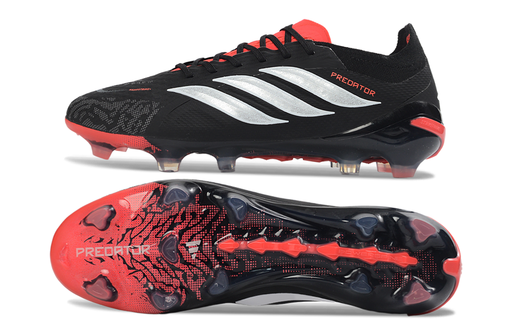 Chuteira Adidas Predator Elite FG 26 - Preta e Branca com detalhes vermelhos e sola texturizada para controle de bola.