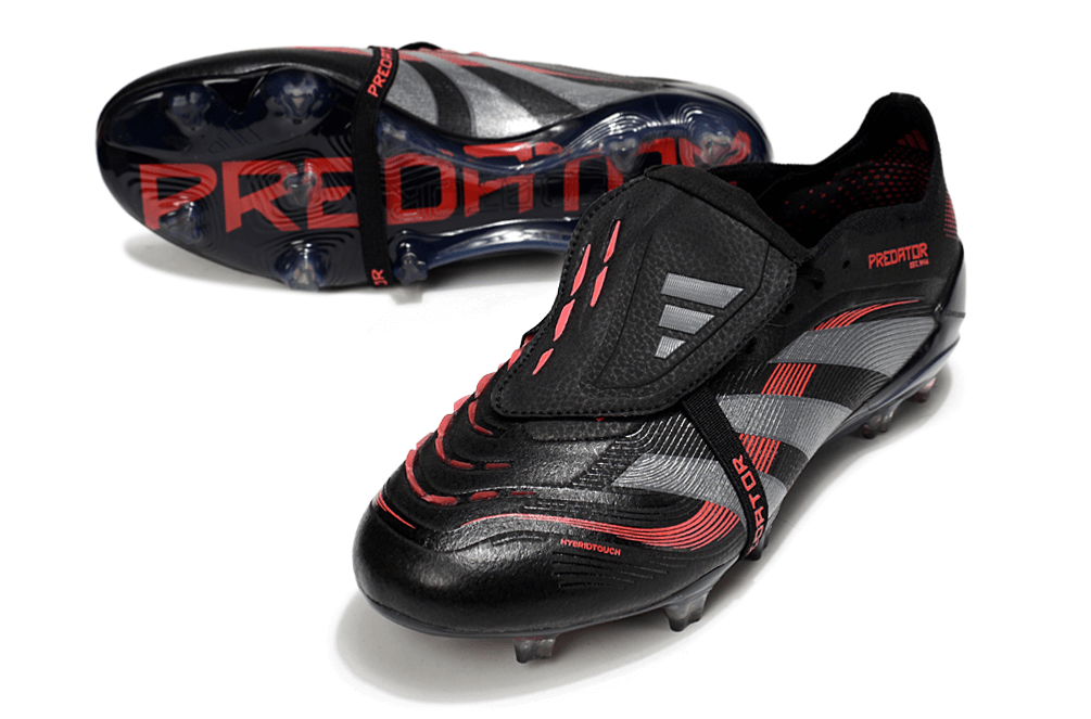 Chuteira Adidas Predator Elite FG Tongue Preta e Vermelha com design arrojado e tecnologia avançada.