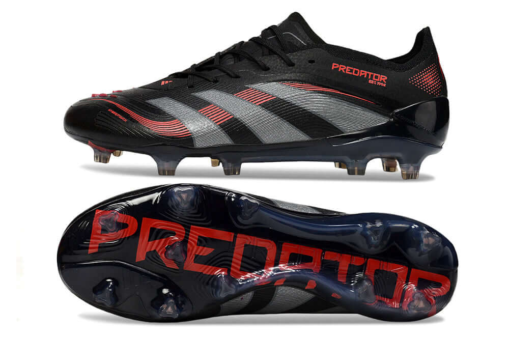 Chuteira Adidas Predator Elite FG - Preta e Vermelha - design aerodinâmico e tecnologia avançada para futebol.