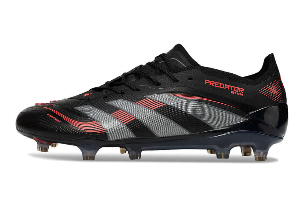 Chuteira Adidas Predator Elite FG - Preta e Vermelha em lateral, perfeita para controle e precisão no futebol.
