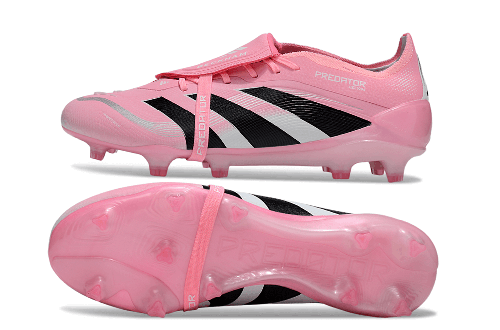 Chuteira Adidas Predator Elite FG - Rosa, design vibrante rosa e preto, ideal para desempenho em gramados naturais.