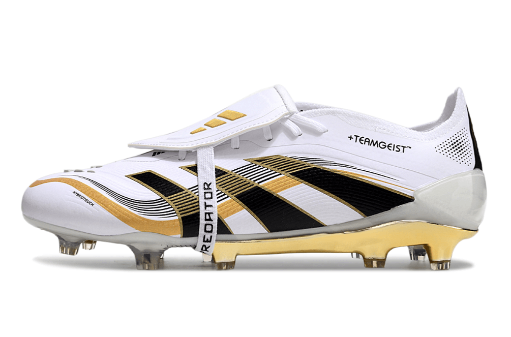 Chuteira Adidas Predator Elite FG Tongue Branca e Dourada "Teamgeist" com design icônico e clássico em campo.