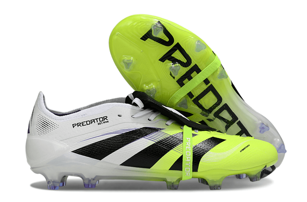 Chuteira Adidas Predator Elite FG Tongue Branca e Amarela com design moderno e vibrante para futebol.