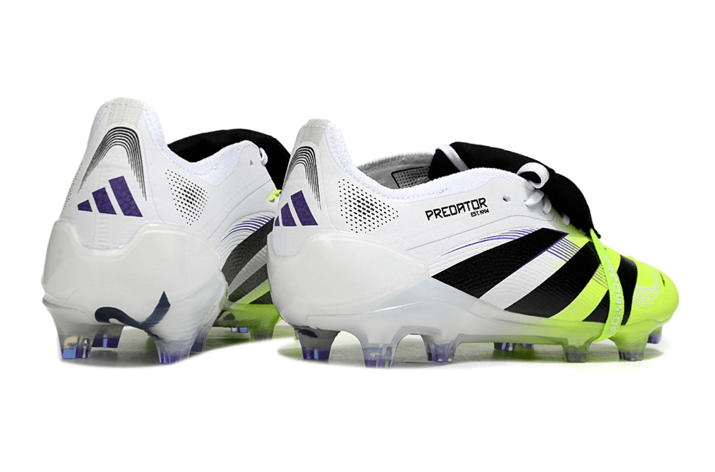Chuteira Adidas Predator Elite FG Tongue Branca e Amarela com design vibrante e tecnologia de ponta.