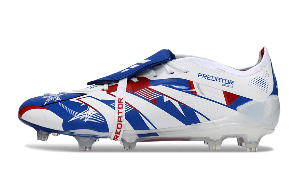 Chuteira Adidas Predator Elite FG Tongue Branca, Azul com design clássico e tecnologia de ponta.