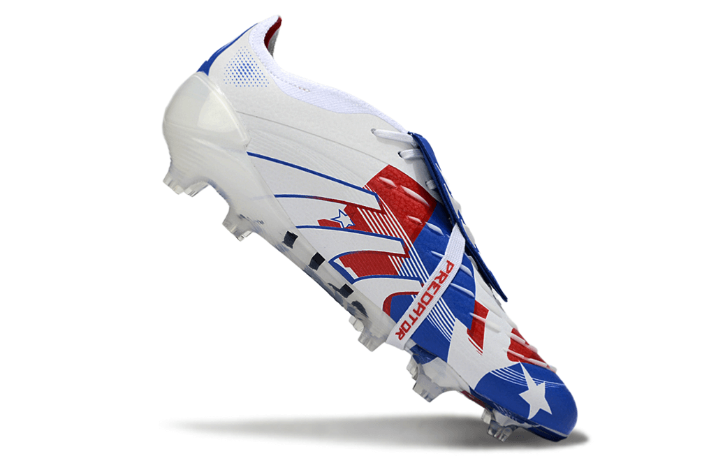 Chuteira Adidas Predator Elite FG Tongue Branca, Azul em destaque com design clássico e moderno.