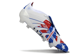 Chuteira Adidas Predator Elite FG Tongue Branca, Azul em destaque com design clássico e moderno.
