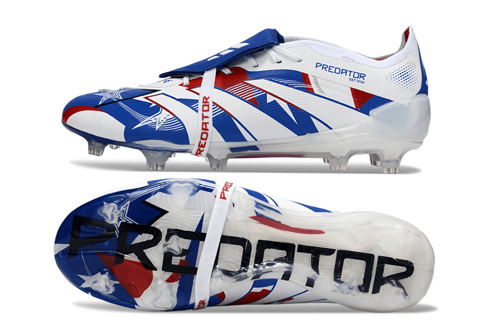 Chuteira Adidas Predator Elite FG Tongue Branca, Azul com design estiloso e tecnologia de ponta para desempenho em campo.