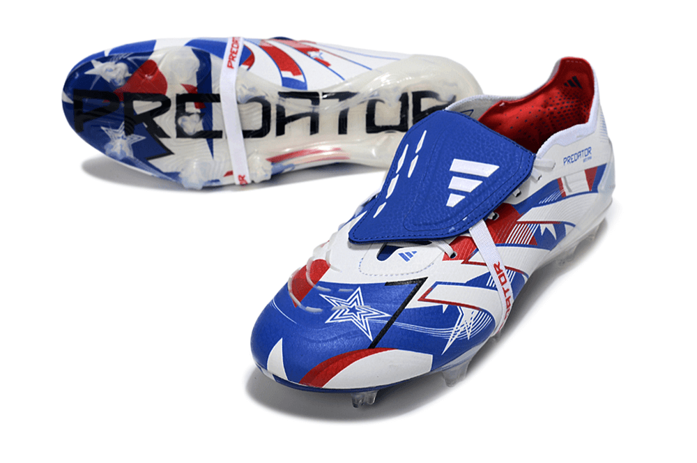 Chuteira Adidas Predator Elite FG Tongue Branca, Azul com design clássico e tecnologia de ponta para desempenho em campo.