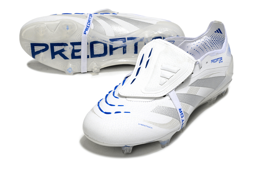 Chuteira Adidas Predator Elite FG Tongue Branca e Azul com design sofisticado e tecnologia de ponta.