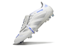 Chuteira Adidas Predator Elite FG Tongue Branca e Azul com design sofisticado e tecnologia de ponta.