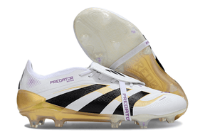 Chuteira Adidas Predator Elite FG Tongue Branca e Dourada com design premium e detalhes em dourado.