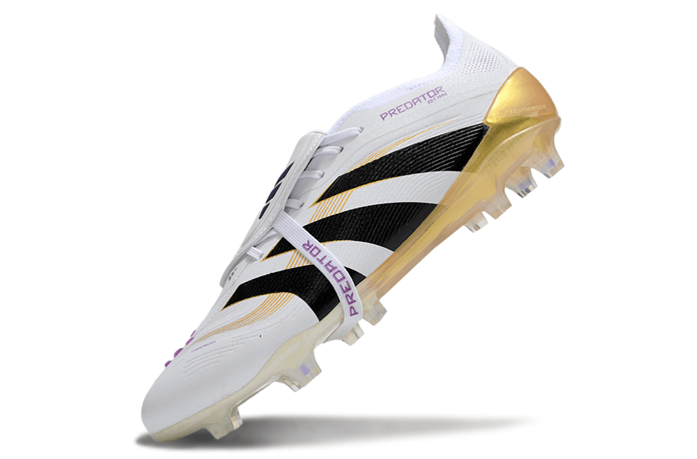 Chuteira Adidas Predator Elite FG Tongue Branca e Dourada com design premium e tecnologia para desempenho em campo.