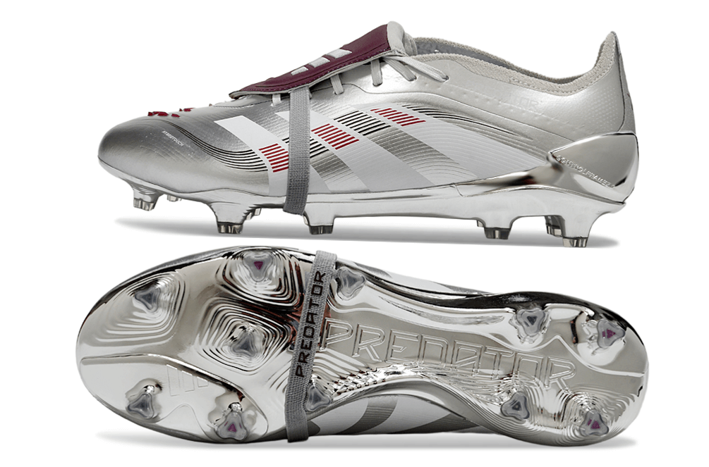 Chuteira Adidas Predator Elite FG Tongue Prateada Ed. "Bellingham" com design clássico e tecnologia de ponta.