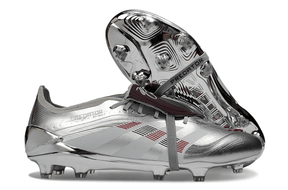 Chuteira Adidas Predator Elite FG Tongue Prateada Ed. "Bellingham" com acabamento prateado e design sofisticado.