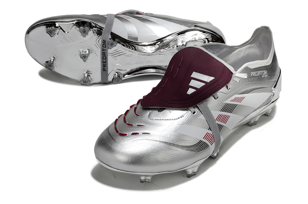 Chuteira Adidas Predator Elite FG Tongue Prateada Ed. "Bellingham" com design prateado e tecnologia de ponta para desempenho em campo.