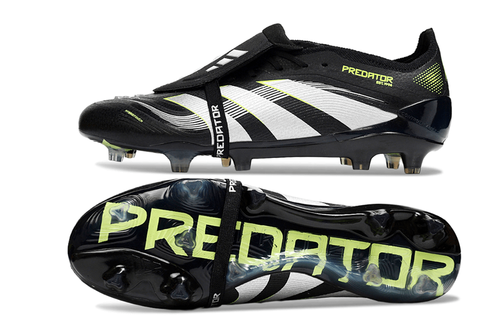 Chuteira Adidas Predator Elite FG Tongue Preta e Amarela com design arrojado para desempenho em campo.