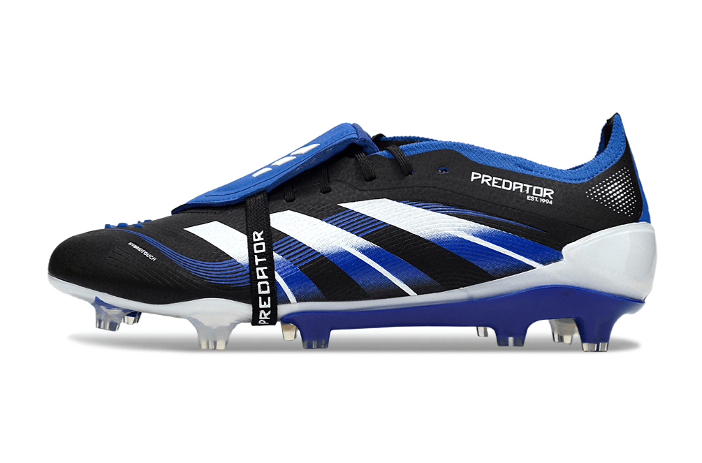 Chuteira Adidas Predator Elite FG Tongue Preta e Azul com design arrojado para desempenho em campo.