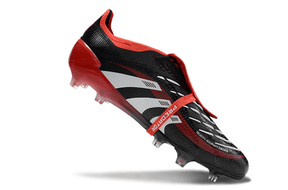 Chuteira Adidas Predator Elite FG Tongue Preta e Vermelha em ângulo, destacando design arrojado e tecnologia avançada.