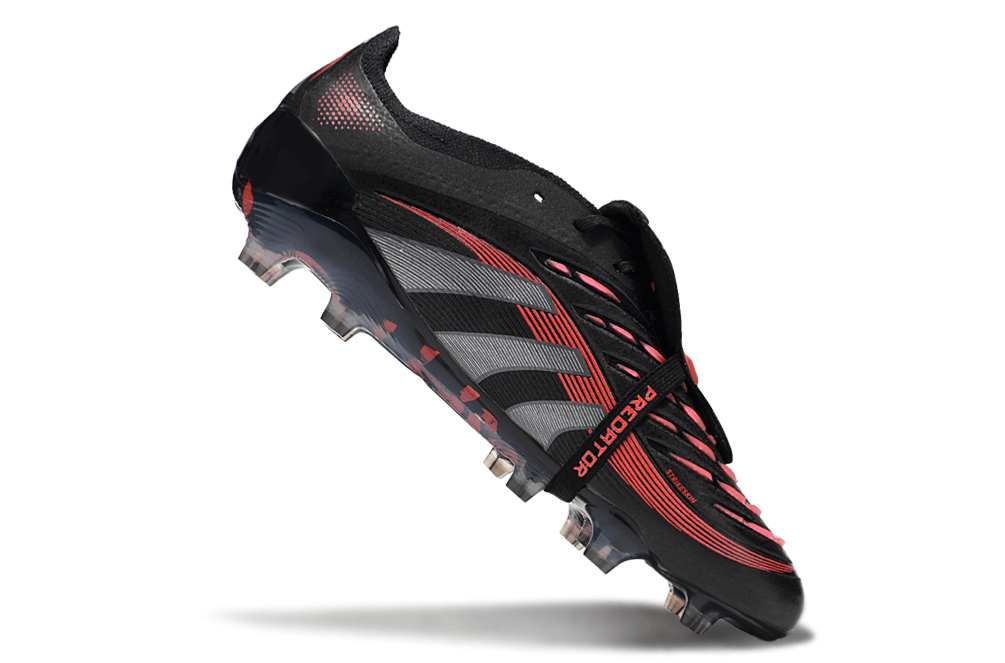Chuteira Adidas Predator Elite FG Tongue Preta e Vermelha com design arrojado e tecnologia de ponta.