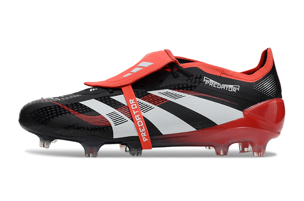 Chuteira Adidas Predator Elite FG Tongue Preta e Vermelha com design arrojado e tecnologia para desempenho em campo.
