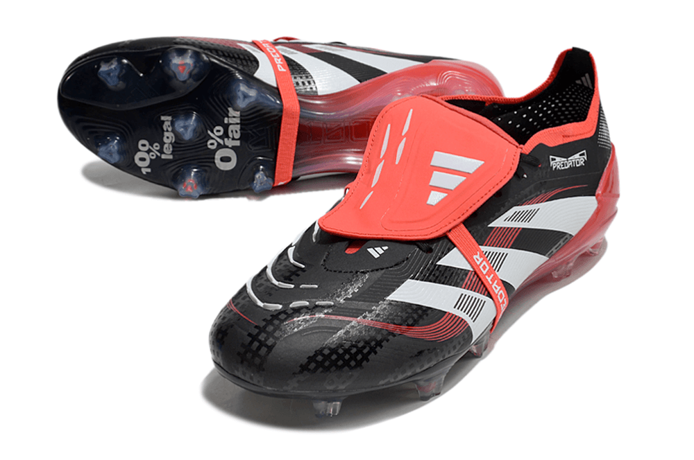 Chuteira Adidas Predator Elite FG Tongue Preta e Vermelha com design arrojado e tecnologia avançada.