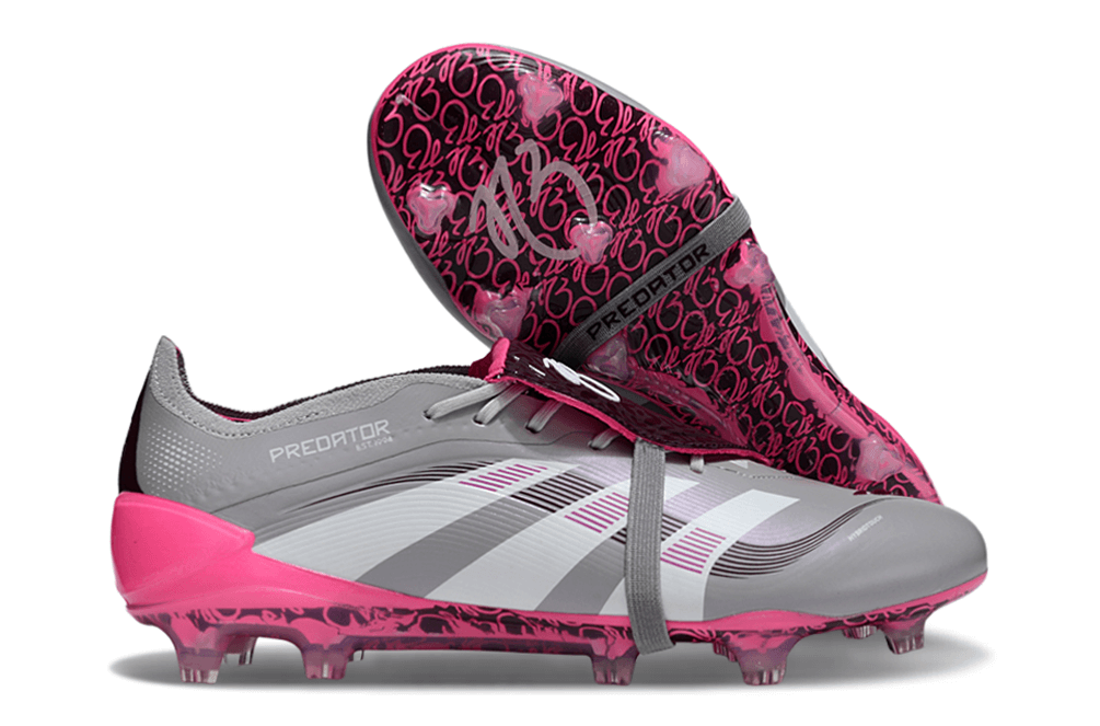 Chuteira Adidas Predator Elite FG Tongue Rosa Ed. "Bellingham" com design exclusivo e tecnologia de ponta.