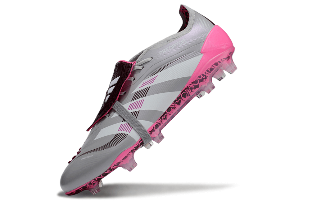 Chuteira Adidas Predator Elite FG Tongue Rosa Ed. "Bellingham" com design exclusivo e cores vibrantes.