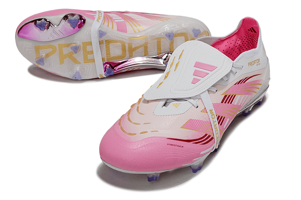 Chuteira Adidas Predator Elite FG Tongue Rosa com design clássico e tecnologia para desempenho em campo.
