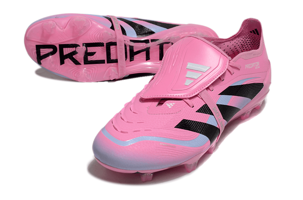 Chuteira Adidas Predator Elite FG Tongue Rosa com design vibrante e tecnologia de ponta para futebol.