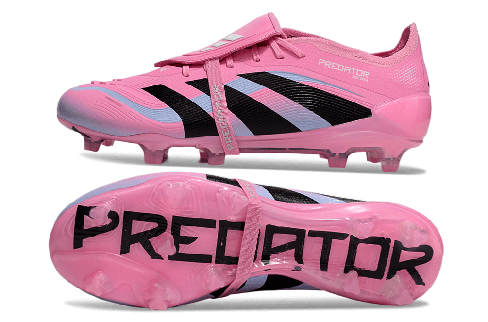 Chuteira Adidas Predator Elite FG Tongue Rosa, design vibrante e moderno ideal para desempenho em campo.