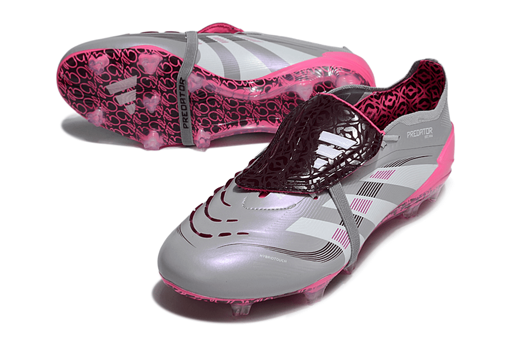 Chuteira Adidas Predator Elite FG Tongue Rosa Ed. "Bellingham" em design exclusivo e tecnologia avançada.