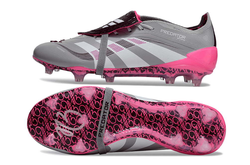 Chuteira Adidas Predator Elite FG Tongue Rosa Ed. "Bellingham" com design exclusivo e tecnologia de ponta.