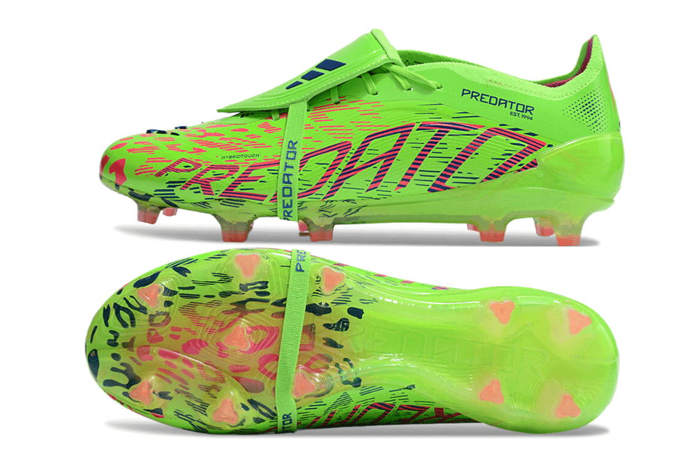 Chuteira Adidas Predator Elite FG Tongue Verde com design moderno e vibrante para desempenho em campo.