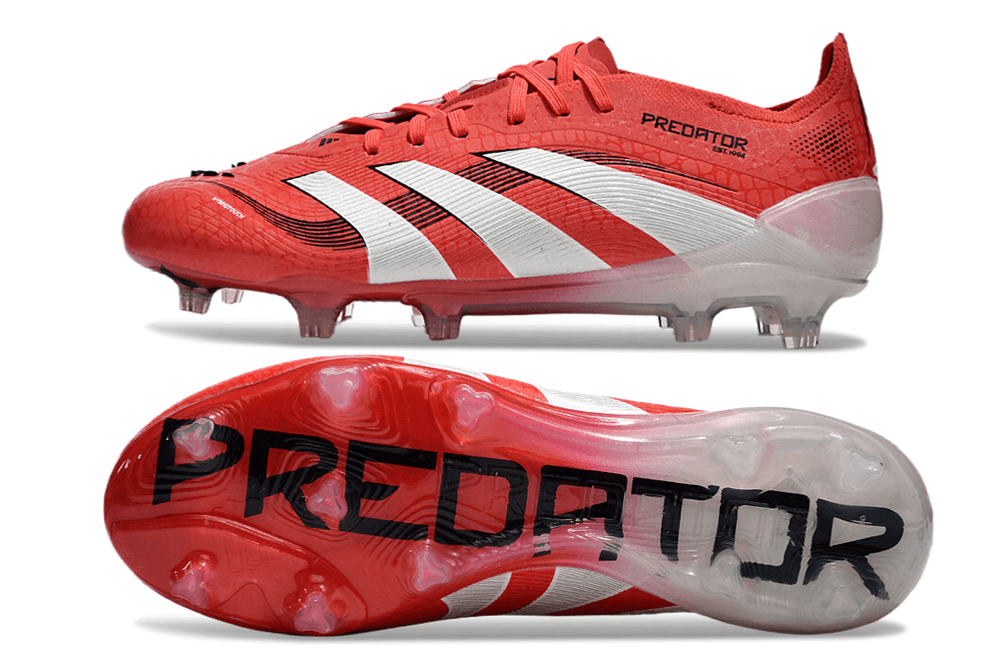 Chuteira Adidas Predator Elite FG - Vermelha e Branca com design arrojado e solado transparente.