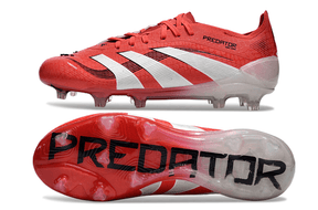 Chuteira Adidas Predator Elite FG - Vermelha e Branca com design arrojado e solado transparente.