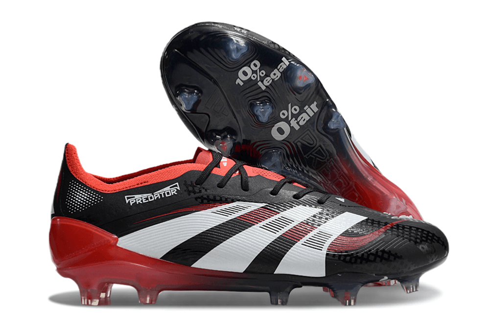 Chuteira Adidas Predator Elite FG - Vermelha e Preta com design icônico e sola FG para aderência superior.