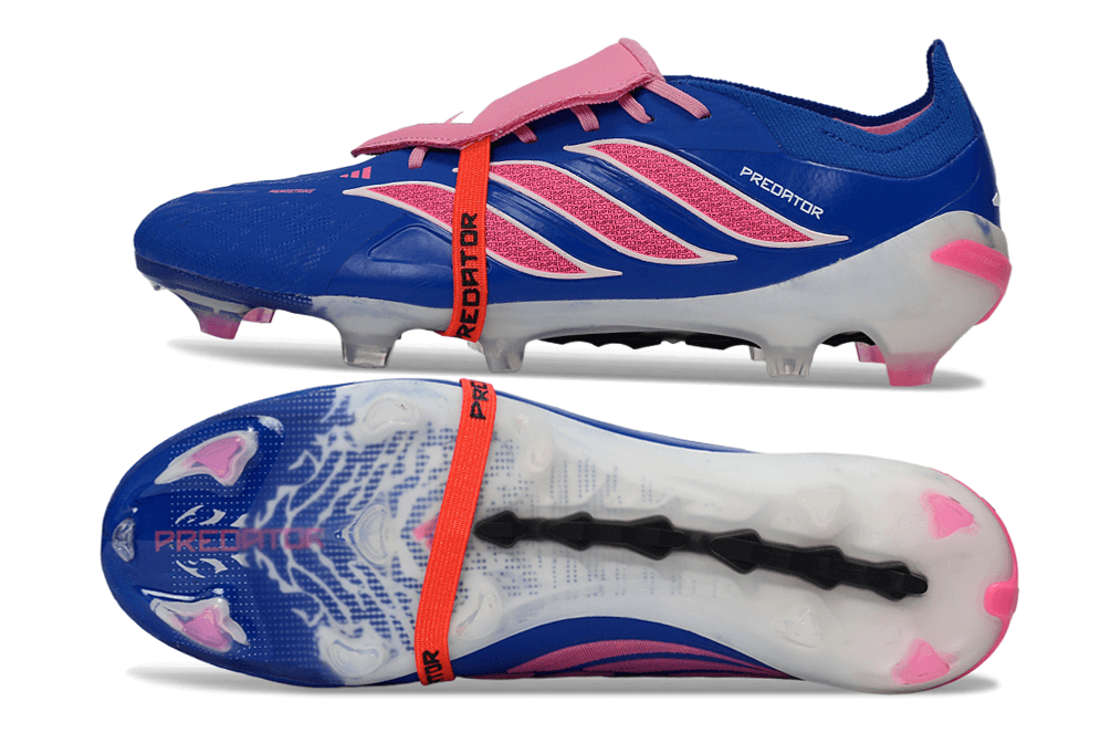Chuteira Adidas Predator Elite FG 26 - "Finishers Steel" Azul e Rosa, visão lateral e inferior, destacando design e tecnologia.