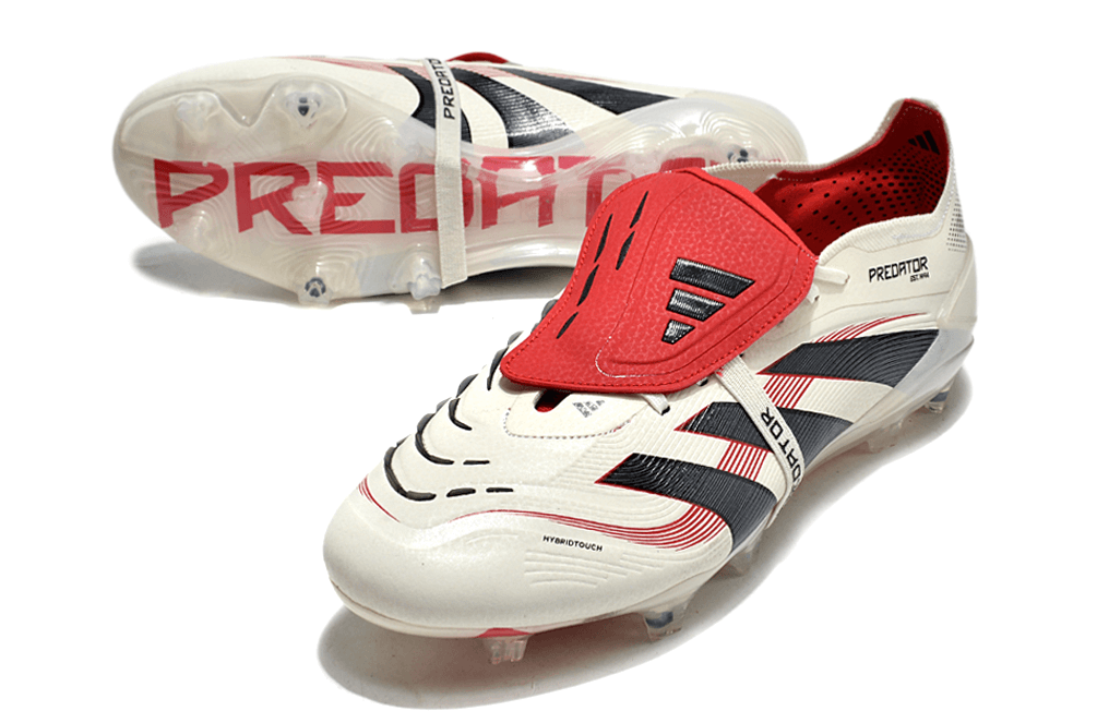 Chuteira Adidas Predator Elite Fold-Over Tongue FG - Begê, Vermelha e Preta, com design inovador em destaque.