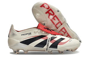 Chuteira Adidas Predator Elite Fold-Over Tongue FG - Begê, Vermelha e Preta embaixo com detalhes em preto e vermelho.