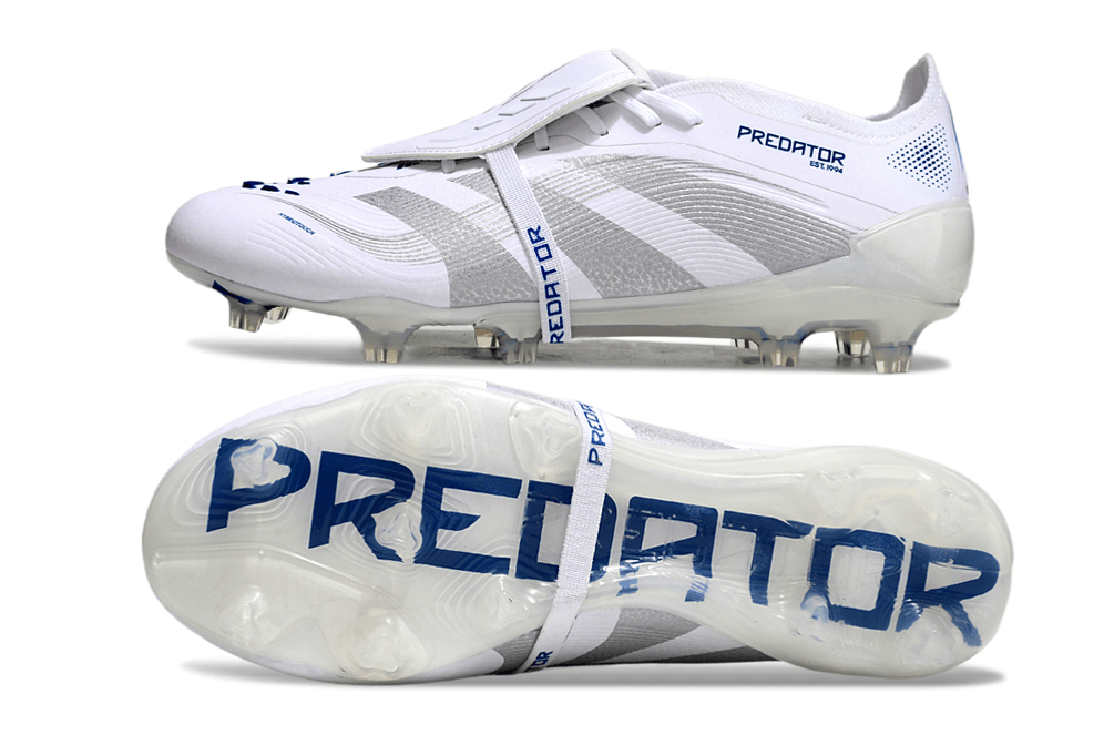 Chuteira Adidas Predator Elite Fold-Over Tongue FG - Branca, Azul e Prata destacando design moderno e desempenho em campo.