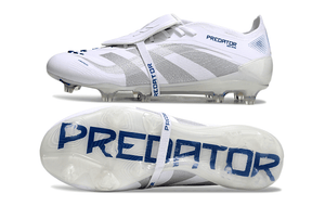 Chuteira Adidas Predator Elite Fold-Over Tongue FG - Branca, Azul e Prata destacando design moderno e desempenho em campo.