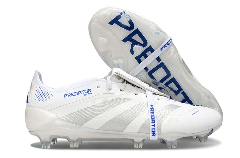 Chuteira Adidas Predator Elite Fold-Over Tongue FG - Branca, Azul e Prata em detalhe, com design moderno e eficaz.