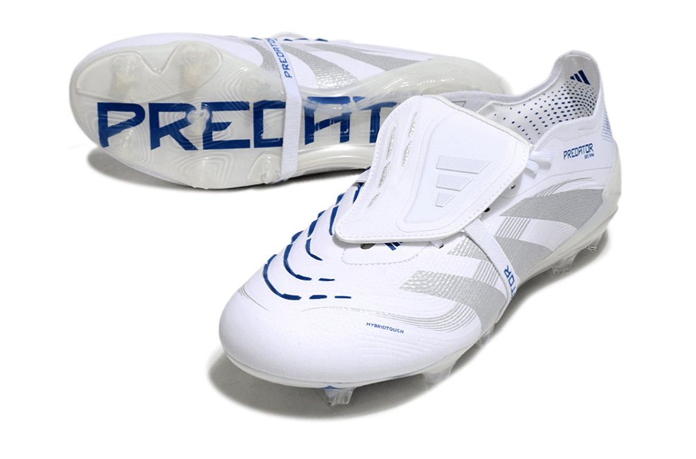 Chuteira Adidas Predator Elite Fold-Over Tongue FG - Branca, Azul e Prata, design inovador para desempenho em campo.