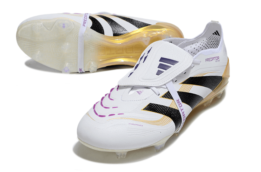Chuteira Adidas Predator Elite Fold-Over Tongue FG - Branca, Dourada e Preta em vista lateral.